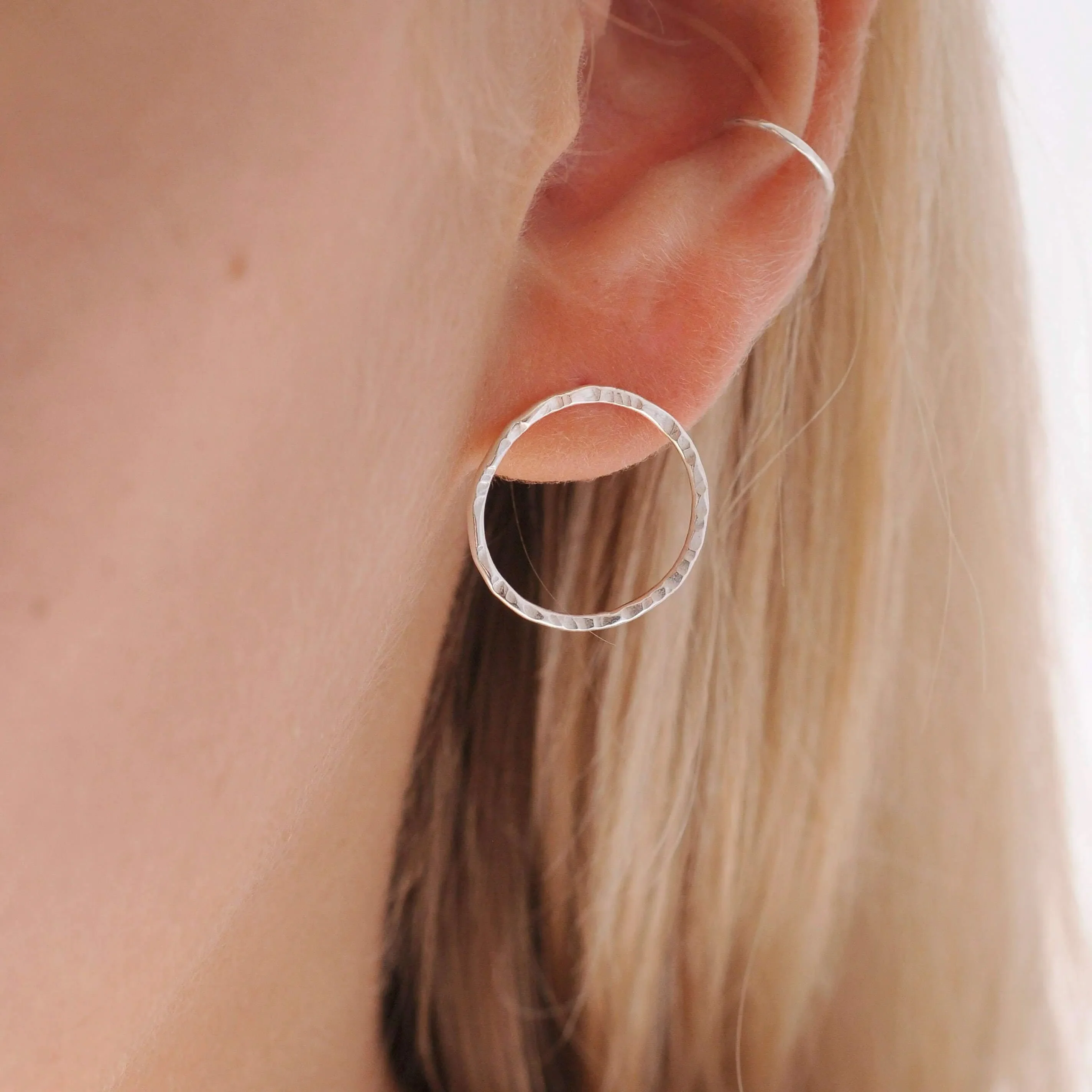 Silver Hammered Large Circle Stud Earrings - Image 5