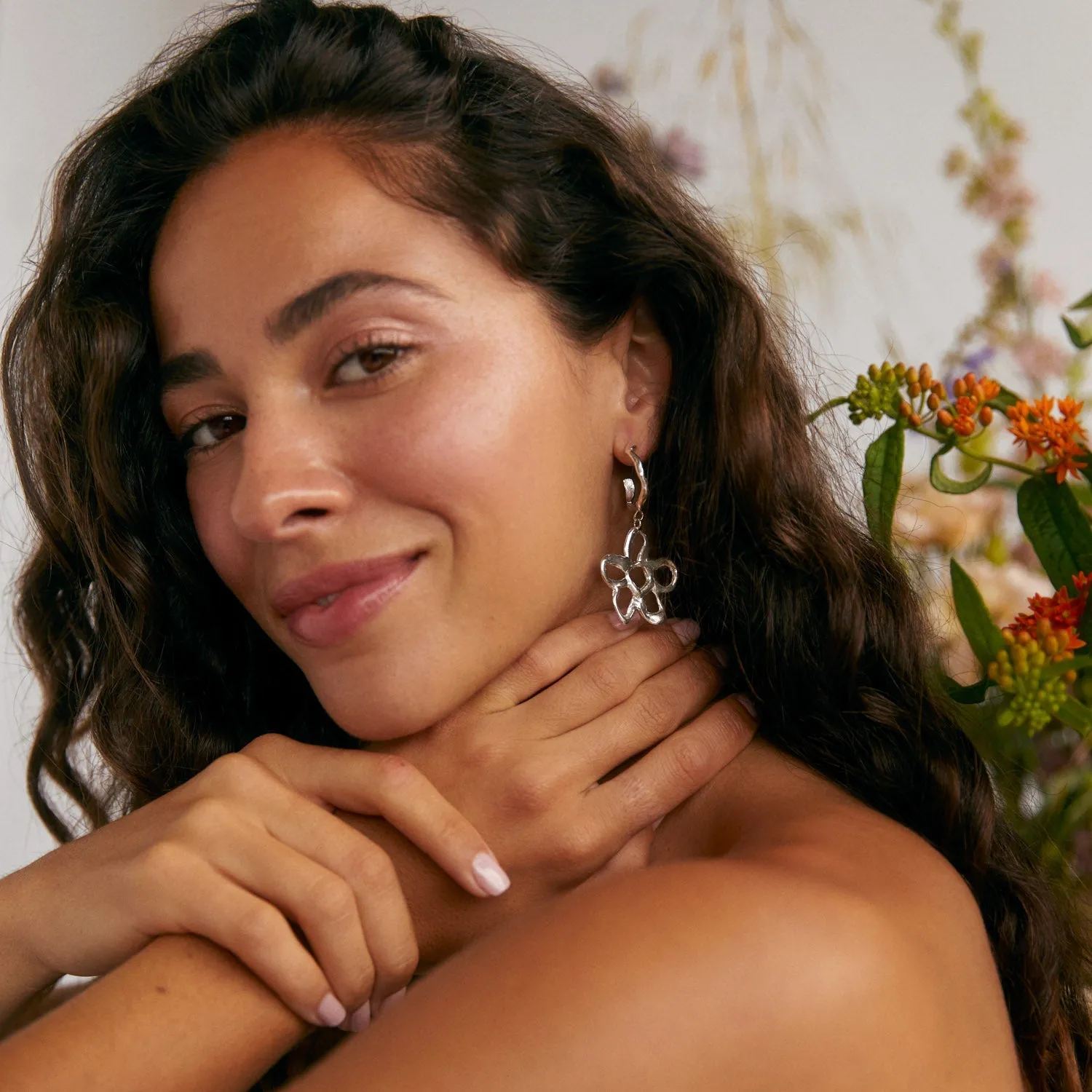 Silver Statement Flower Hoops - Image 6